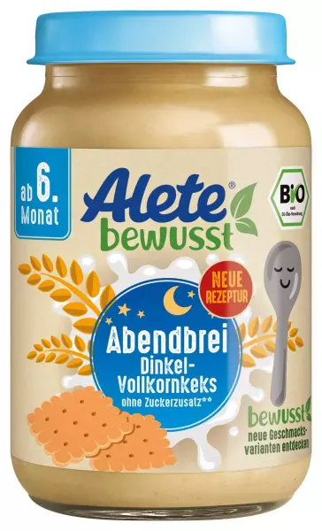 Product image 1 of the product “Alete Bio Gläschen - Abendbrei Dinkel Vollkorn Keks, 6 x 190g ”