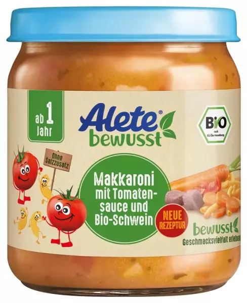 Product image 1 of the product “Alete Bio Gläschen - Makkaroni mit Tomatensauce und Bio-Schwein, 6 x 250g ”