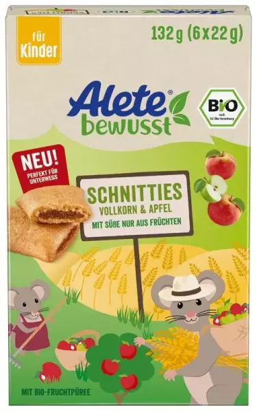Product image 1 of the product “Alete Bio Schnitties Vollkorn-Apfel, 8 Packungen x 132g ”