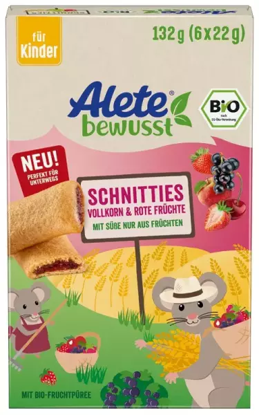 Product image 1 of the product “Alete Bio Schnitties Vollkorn-Rote Früchte, 8 Packungen x 132g ”