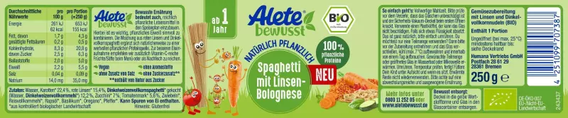 Product image 2 of the product “Alete Bio Gläschen - Spaghetti mit Linsenbolognese, 6 x 250g ”