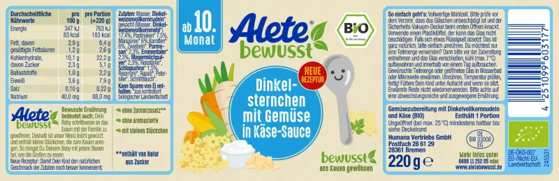 Bild 2 des Artikels Alete Bio Gläschen - Dinkelsternchen mit Gemüse in Käse-Sauce, 6 x 220g 