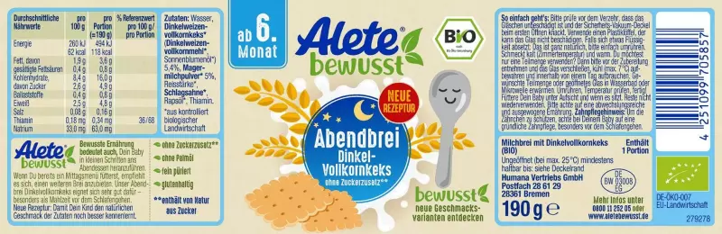 Product image 2 of the product “Alete Bio Gläschen - Abendbrei Dinkel Vollkorn Keks, 6 x 190g ”