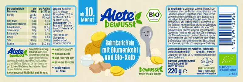 Bild 2 des Artikels Alete Bio Gläschen - Rahmkartoffeln mit Blumenkohl & Bio-Kalb, 6 x 220g 