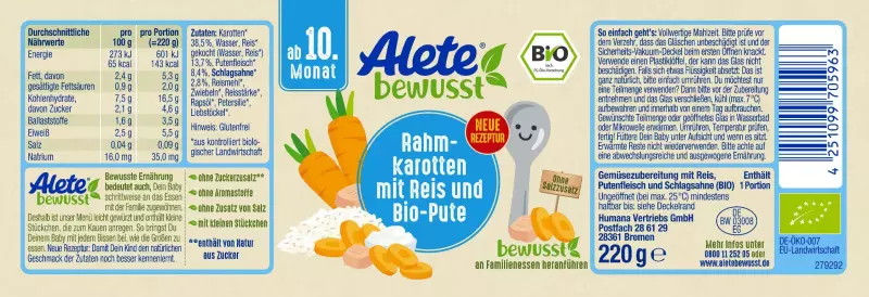 Bild 2 des Artikels Alete Bio Gläschen - Rahmkarotten mit Reis & Bio-Pute, 6 x 220g 