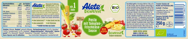 Product image 2 of the product “Alete Bio Gläschen - Pasta Tomaten-Frischkäse-Sauce, 6 x 250g ”