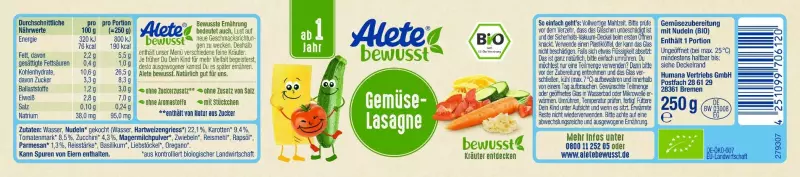 Bild 2 des Artikels Alete Bio Gläschen -  Gemüse-Lasagne, 6 x 250g 