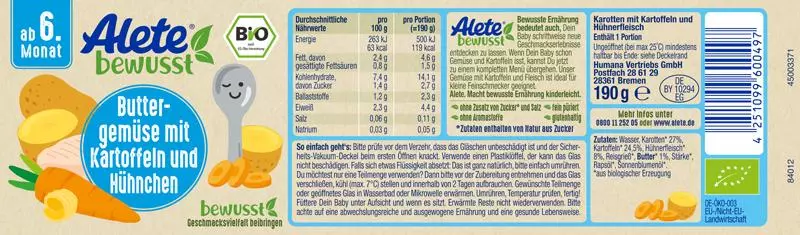 Bild 2 des Artikels Alete Bio Gläschen  - Buttergemüse mit Kartoffeln und Hühnchen, 6 x 190g   