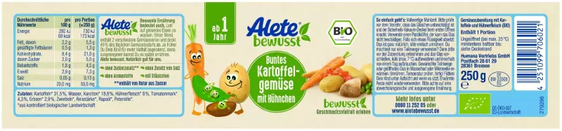 Product image 2 of the product “Alete Bio Gläschen - Buntes Kartoffelgemüse mit Hühnchen, 6 x 250g ”