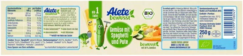 Bild 2 des Artikels Alete Bio Gläschen - Gemüse mit Spaghetti und Pute, 6 x 250g 