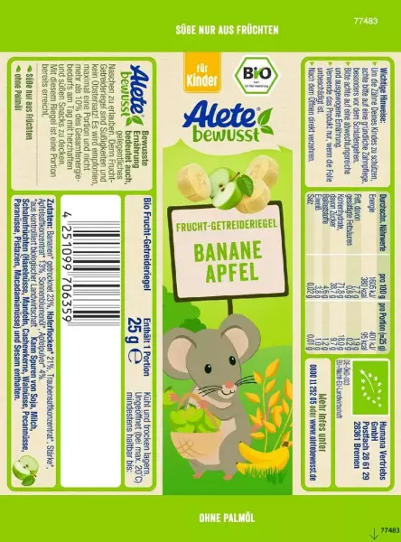 Bild 2 des Artikels Alete Bio Frucht-Getreideriegel Banane-Apfel, 25 x 25g 