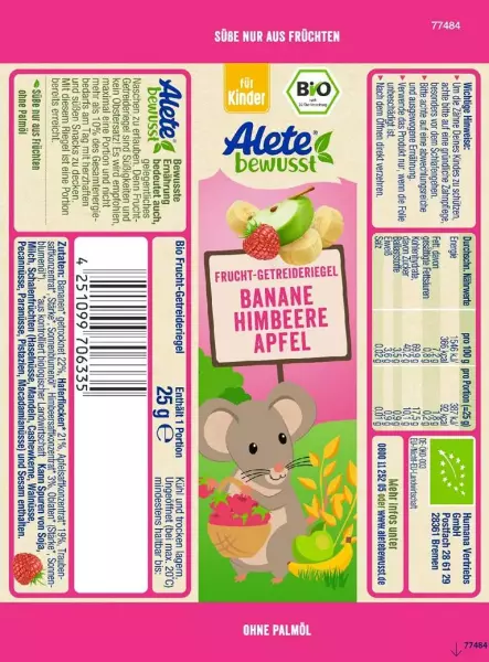 Product image 2 of the product “Alete Bio Frucht-Getreideriegel Banane-Himbeere-Apfel, 25 x 25g ”