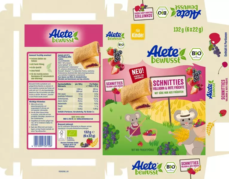 Product image 2 of the product “Alete Bio Schnitties Vollkorn-Rote Früchte, 8 Packungen x 132g ”