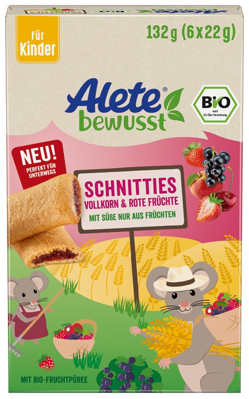 Product image 1 of the product “Alete Bio Schnitties Vollkorn-Rote Früchte, 8 Packungen x 132g ”
