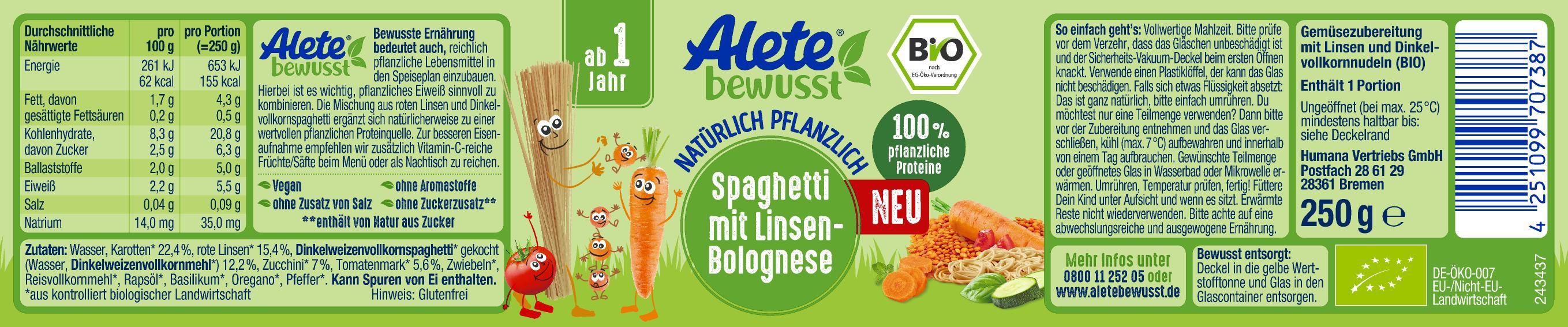Product image 2 of the product “Alete Bio Gläschen - Spaghetti mit Linsenbolognese, 6 x 250g ”