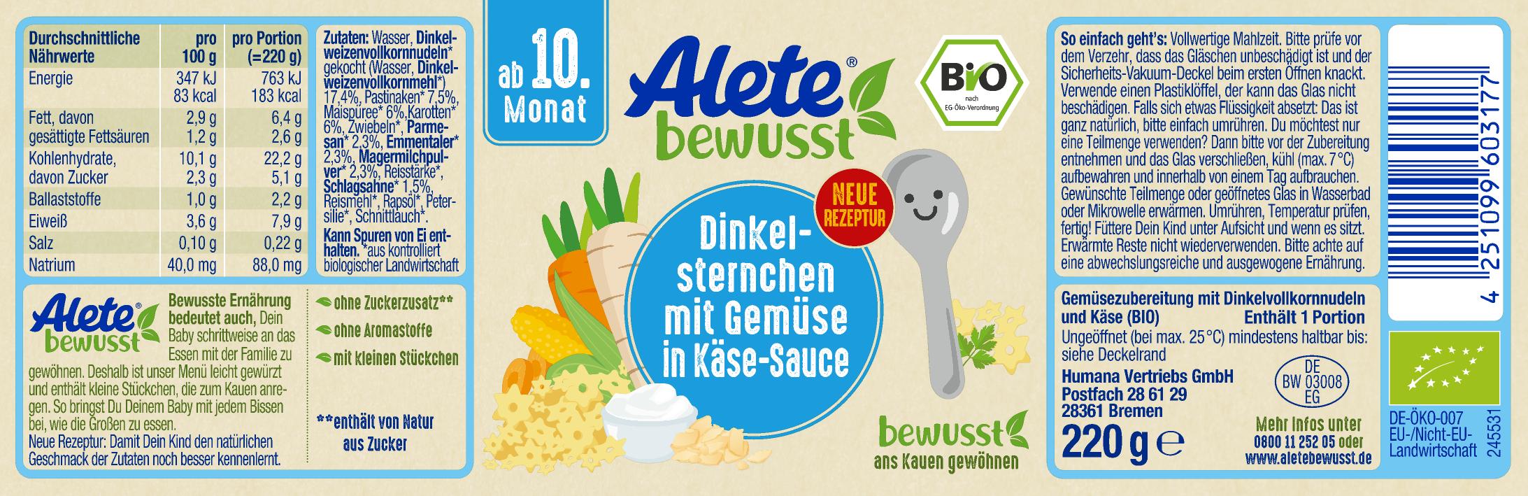 Bild 2 des Artikels Alete Bio Gläschen - Dinkelsternchen mit Gemüse in Käse-Sauce, 6 x 220g 