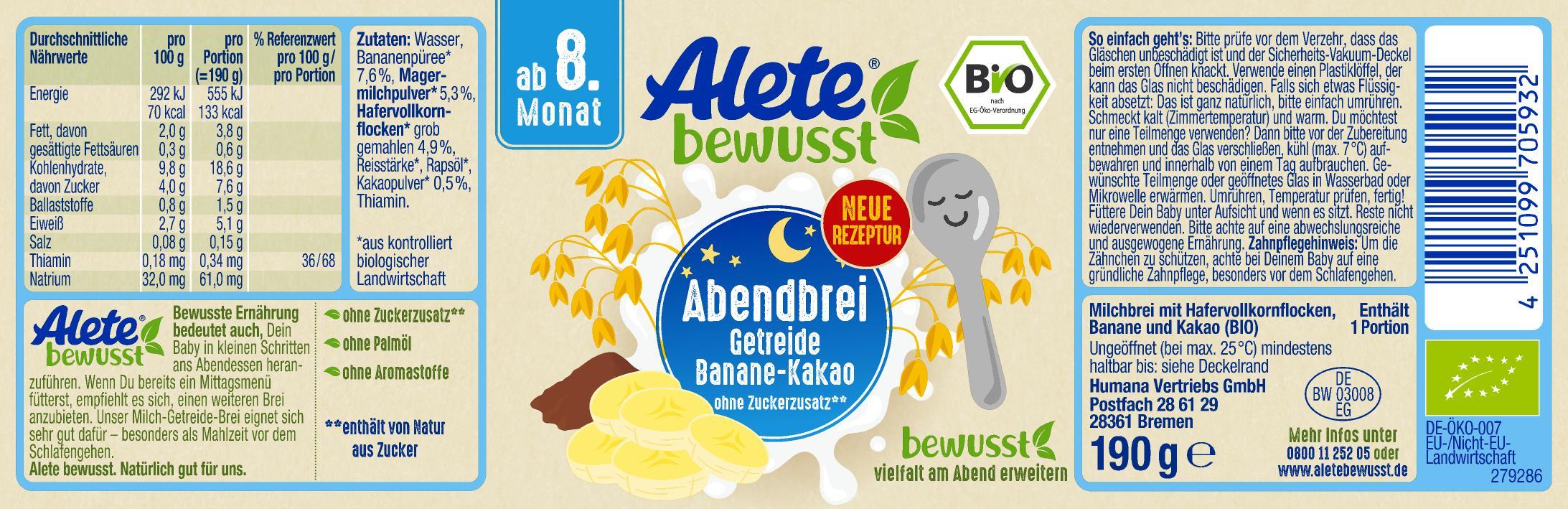 Bild 2 des Artikels Alete Bio Gläschen - Abendbrei Getreidebrei Banane-Kakao, 6 x 190g 