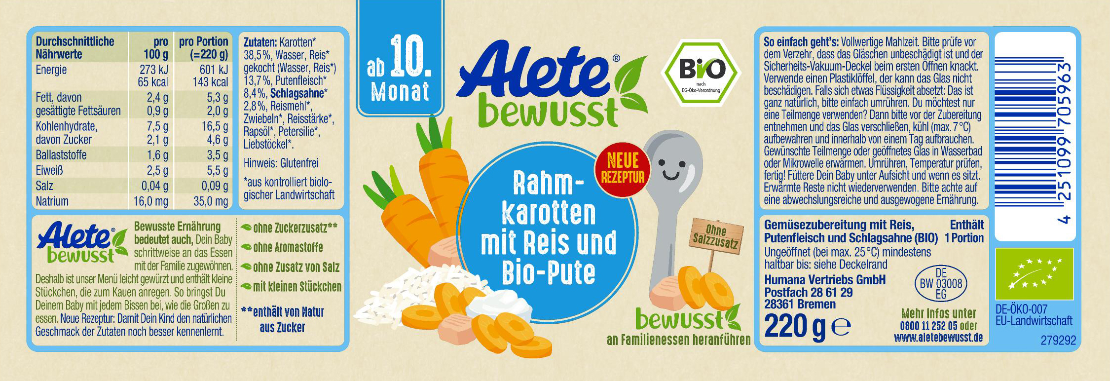 Bild 2 des Artikels Alete Bio Gläschen - Rahmkarotten mit Reis & Bio-Pute, 6 x 220g 
