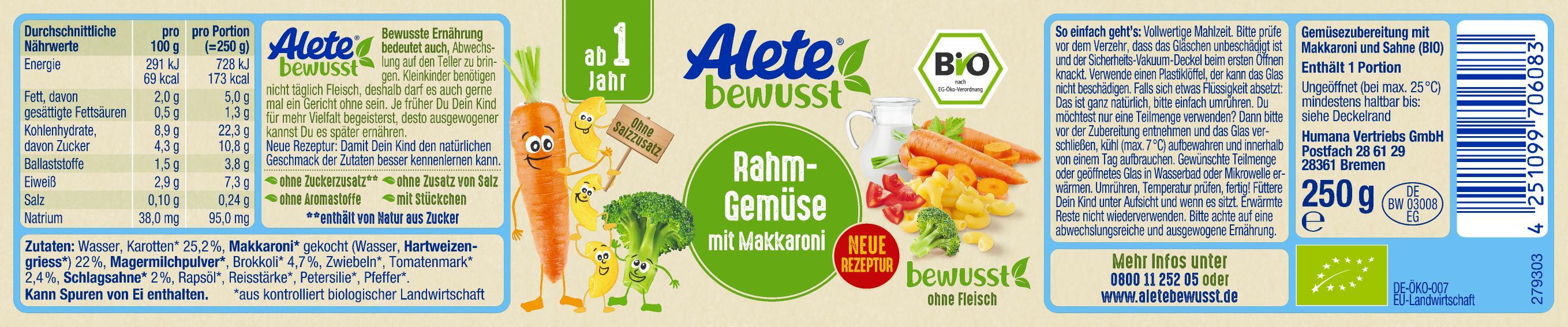 Product image 2 of the product “Alete Bio Gläschen - Rahmgemüse mit Makkaroni, 6 x 250g ”