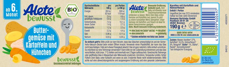 Bild 2 des Artikels Alete Bio Gläschen  - Buttergemüse mit Kartoffeln und Hühnchen, 6 x 190g   