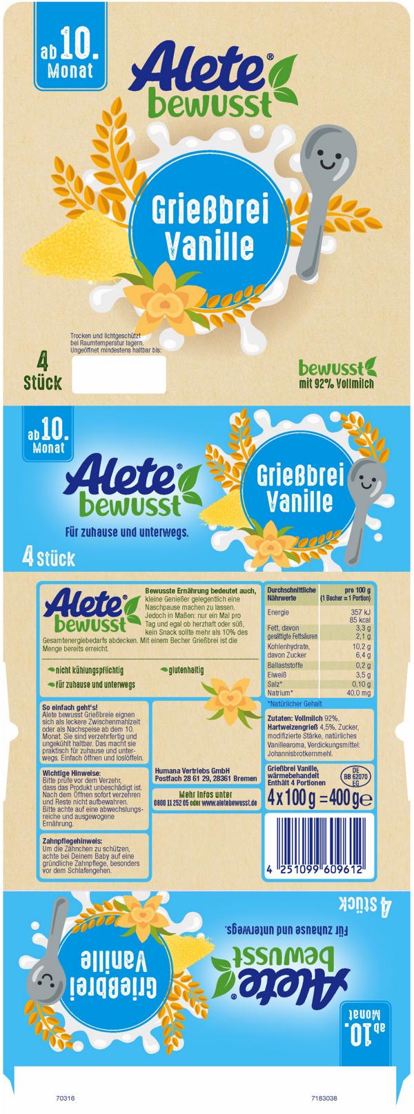 Bild 2 des Artikels Alete Griessbrei Vanille, 6x 4x100g Becher 