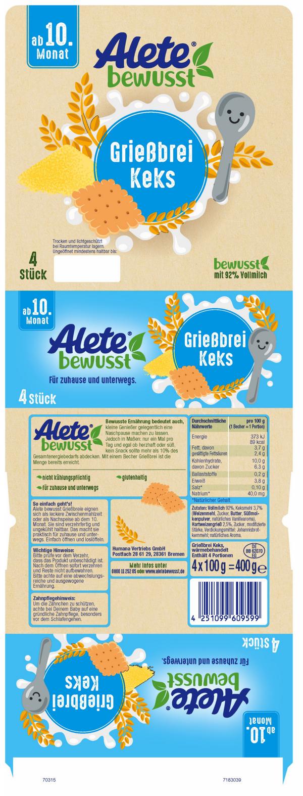 Product image 2 of the product “Alete Griessbrei Keks, 6x 4x100g Becher ”