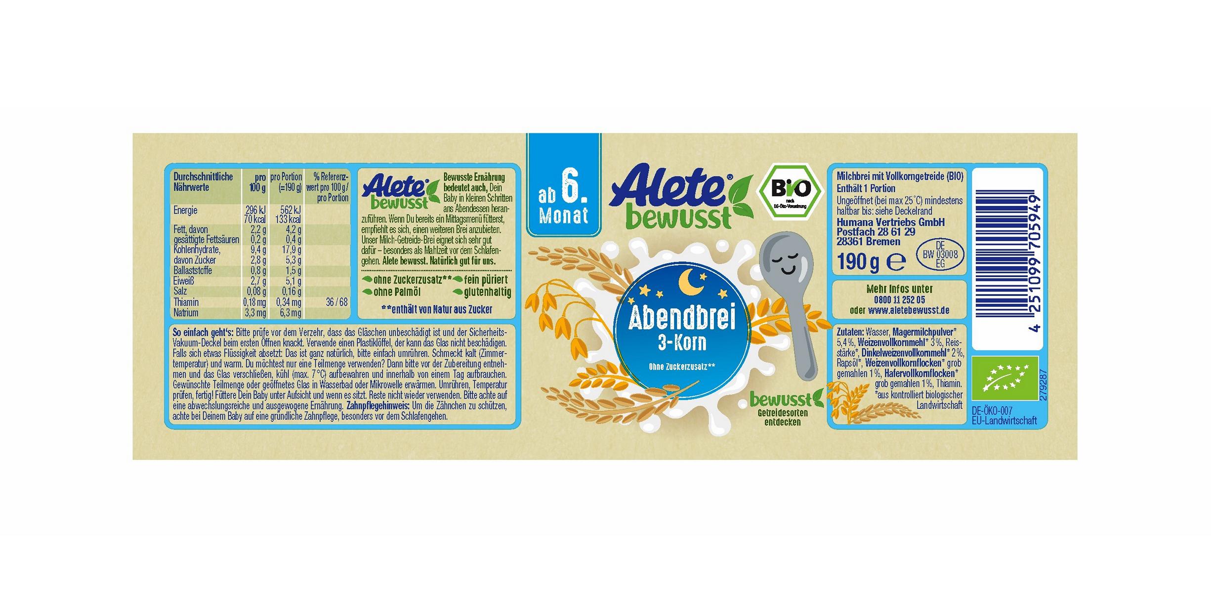 Bild 2 des Artikels Alete Bio Gläschen - Abendbrei 3-Korn, 6 x 190g 