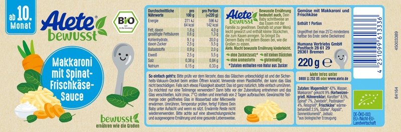 Bild 2 des Artikels Alete Bio Gläschen - Makkaroni mit Spinat-Frischkäse-Sauce, 6 x 220g 
