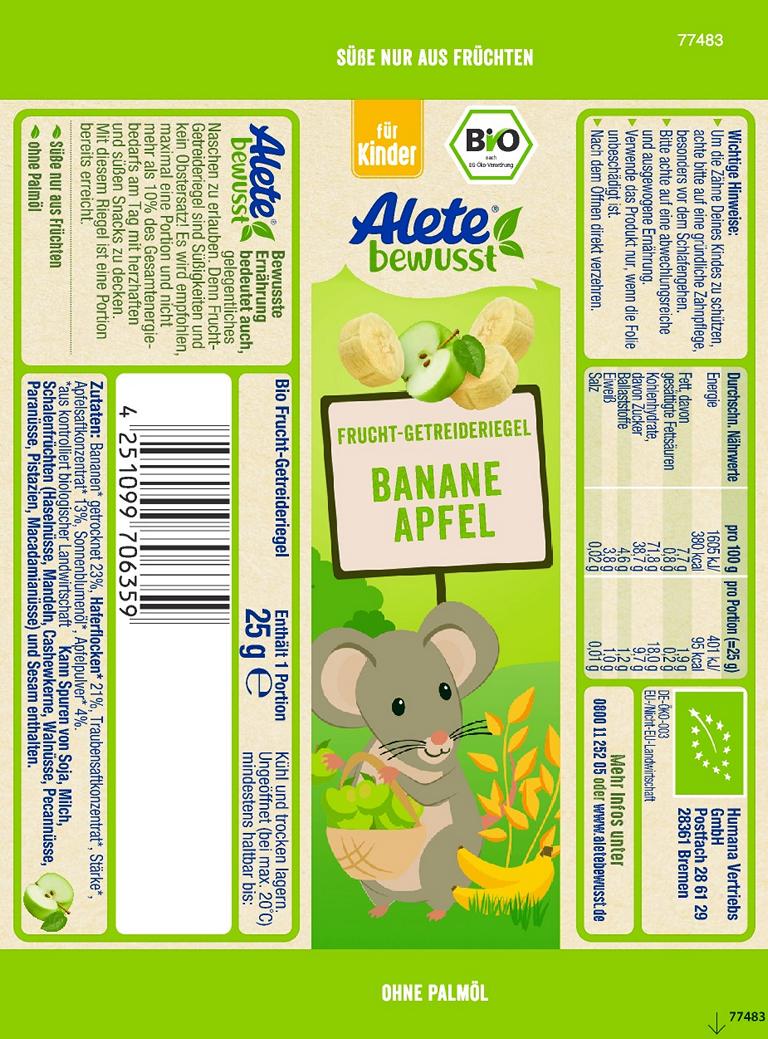 Bild 2 des Artikels Alete Bio Frucht-Getreideriegel Banane-Apfel, 25 x 25g 