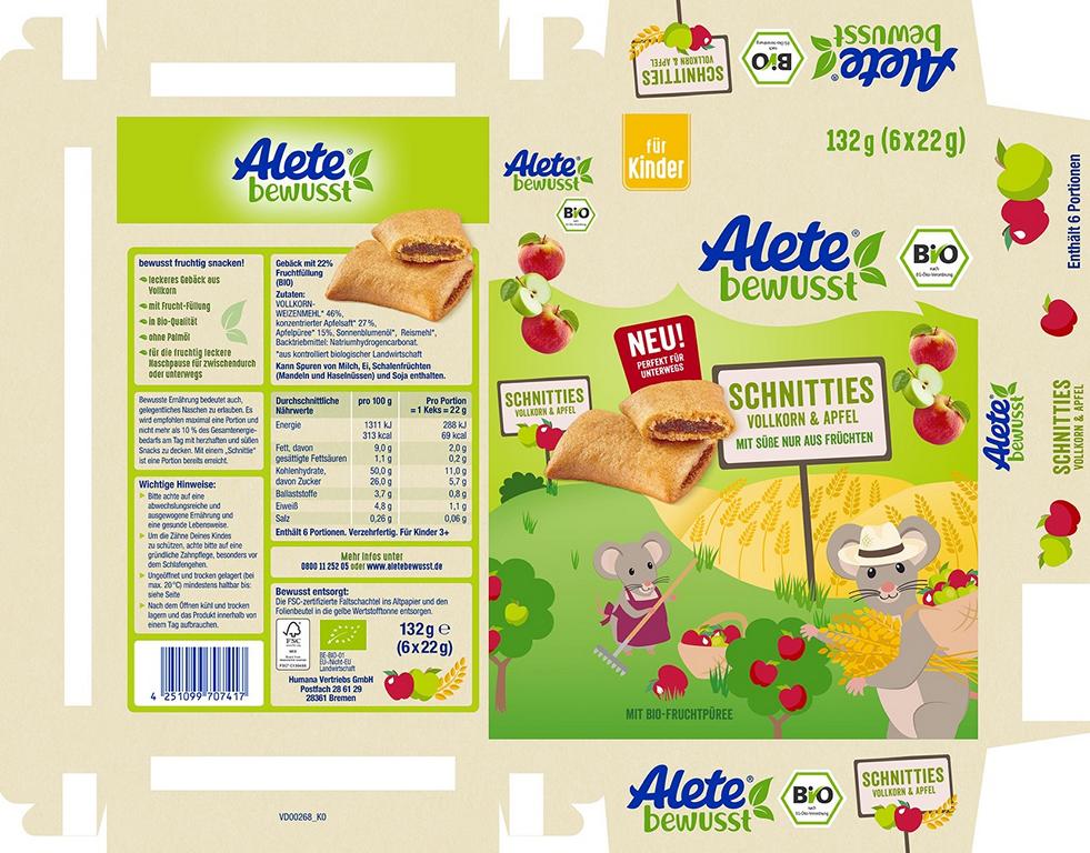 Product image 2 of the product “Alete Bio Schnitties Vollkorn-Apfel, 8 Packungen x 132g ”